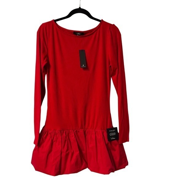 Lulus Red Mini Dress Long Sleeve Ribbed / Bubble Hem Party Cocktail Large (G) - Picture 2 of 10